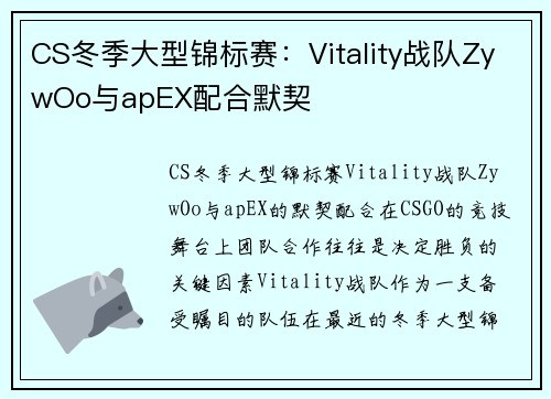 CS冬季大型锦标赛：Vitality战队ZywOo与apEX配合默契